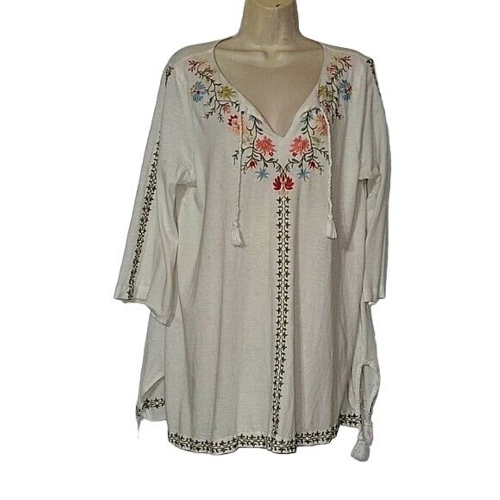 J. Jill White Embroidered Floral Tassel V-Neck Tunic Top Large 3/4 Sleeve Boho